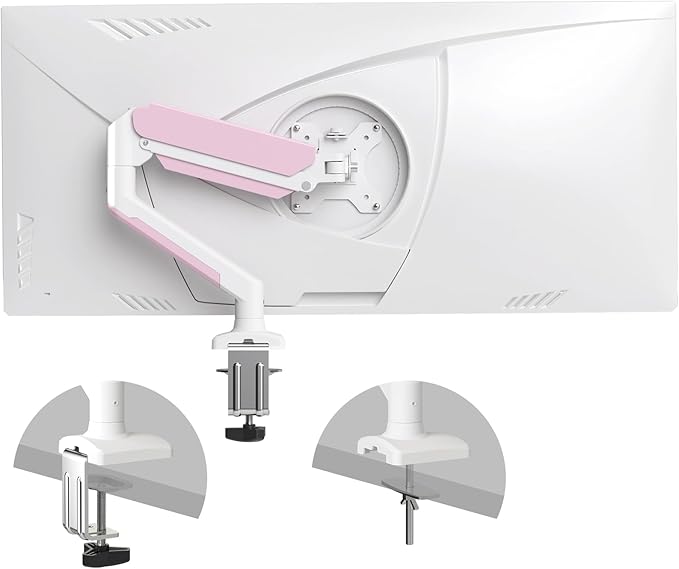PHOLITEN Single Monitor Arm Fits 13-32 inch,4.4-19.8lbs Screen, Fully Adjustable Gas Spring Arm, Computer Monitor Stand with VESA 75 * 75mm/100 * 100mm Mount,White & Pink