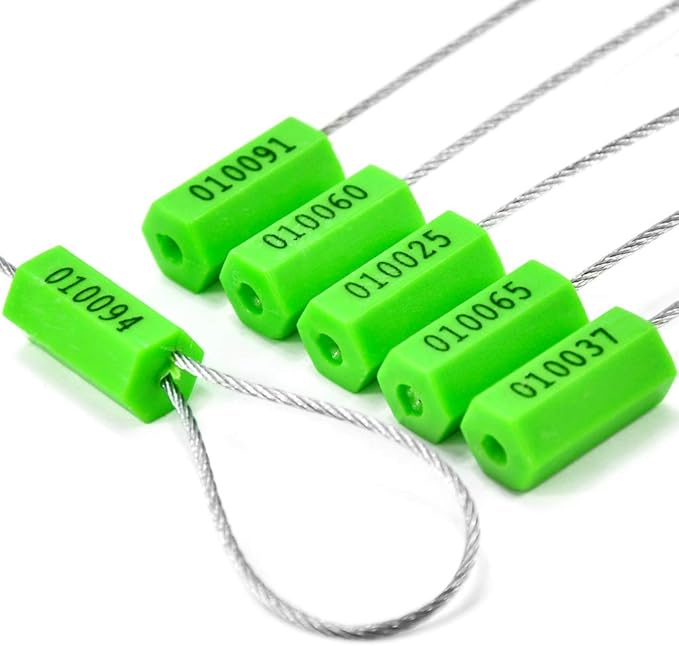 Pull-Tite Steel Security Cable Wire Seals - Numbered Anti-Tamper for Freight Containers, Truck Trailers - Metal Tags-Ties (Green, Pack of 50pcs)