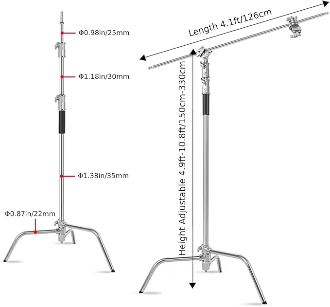 Heavy Duty C Stand with Boom Arm, Stainless Steel Heavy Duty Photography Light Stand, Adjustable Height 4.9ft-10.8ft, with 4.1ft Holding Arm, for Reflector, Umbrella, Softbox, Monolight