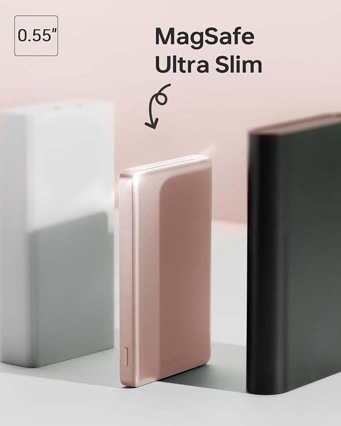 10,000mAh for MagSafe Power Bank Ultra Slim, Magnetic Wireless Charger with USB-C Cable, Fast Charging Portable Battery for iPhone 16/15/14/13/12 Series, All-Metal Design (Rose Gold)