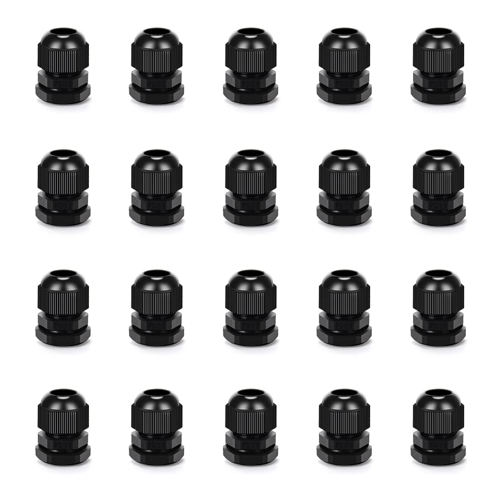 CGELE Cable Gland 20 Pack Plastic Waterproof Adjustable Connector 6-12mm PG13.5 Strain Relief Cord Connectors Joints Nylon with Gaskets