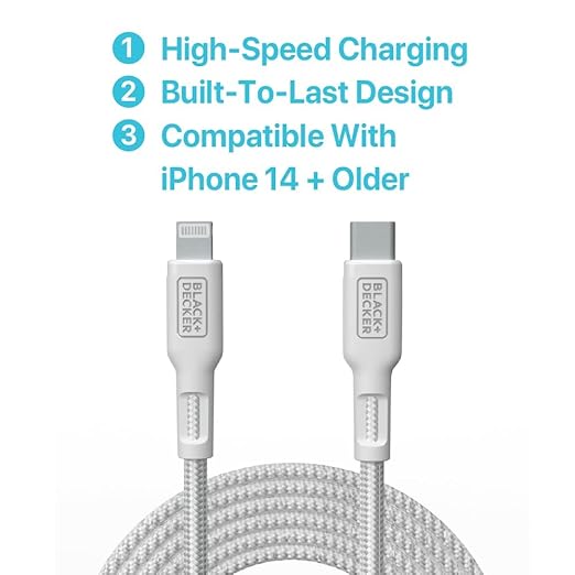 BLACK+DECKER USB C to Lightning Cable - Fast Compatible iPhone Lightning Cable - Durable Braided Type C iPhone Charger Cord - for Travel and Daily Use - Multiple Colors and Lengths - 3ft