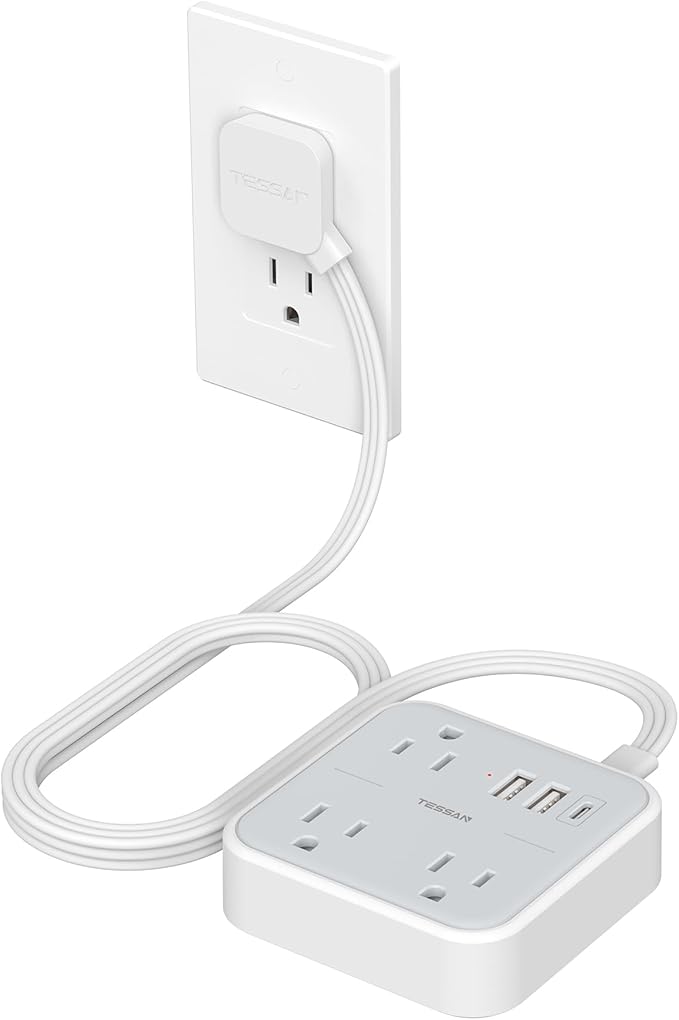 TESSAN Ultra Thin Flat Extension Cord 5 FT, Slim Power Strip with USB Ports (1 USB C), Surge Protector Flat Plug Wall Charger with 3 Outlets for Office, School, Dorm Room Essentials