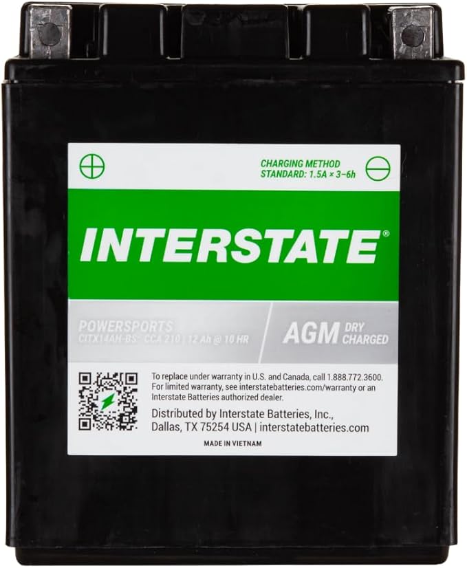 Interstate Batteries YTX14AH-BS 12V 12Ah Powersports Battery 210CCA High-Performance AGM Rechargeable Replacement for Kawasaki, Polaris, Yamaha ATVs, UTVs, Snowmobiles, Motorcycles (CITX14AH-BS)