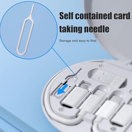 Multifunctional Data Cable Conversion Head Portable Storage Box, Multi-Type Charging Line Convertor USB Type C Adapter Tool Contains Sim Card Slot Tray Eject Pin, Phone Holder (White)