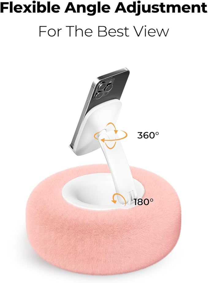 Phone Stand with Pillow, Adjustable iPhone Stand with Anti-Slip Strips, Fuzzy Tablet Holder– Compatible with 4"-7" Devices, Including iPhone, iPad, Kindle, and Android (Pink)
