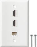 HDMI Ethernet Wall Plate - 2 Port 4K HDMI Keystone, 1 Port Cat6 Keystone Wall Plate Female to Female-White