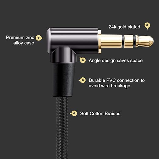 CableCreation 3.5mm Audio Cable 10FT/3M, 3.5mm Right Angle Male to Male Auxiliary Stereo HiFi Cable with Silver-Plating Copper Core for Car Stereos, iPhones,Tablets, 24K Gold Plated, Black