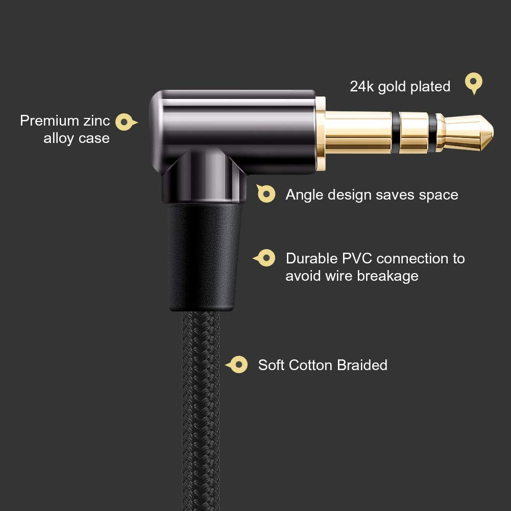 CableCreation 2-Pack 3.5mm Aux Cable 3FT/0.9m, 90 Degree 3.5mm Male to Male HiFi Cable with Silver-Plating Copper Core for Car Stereos, iPhones, PS4 Headset, Beats, Echo-Dot, 24K Gold Plated