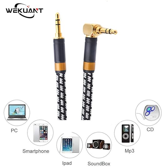 Aux Cord, Audiophile 3.5mm Stereo Audio Cable [0.75m (2.5 Feet), Silvered-Plated Copper core, Right Angle] Unbreakable and Great for Laptop, Tablets,Headphones, Cars and More.