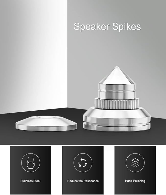 4 Sets Speaker Isolation Stand Feet, Stainless Steel Speaker Base Pads, Shockproof 28-32mm Adjustable Speaker Vibration Absorber Spike Cone Mats for Amplifier Turntable DAC Recorder CD (27x29x5MM)