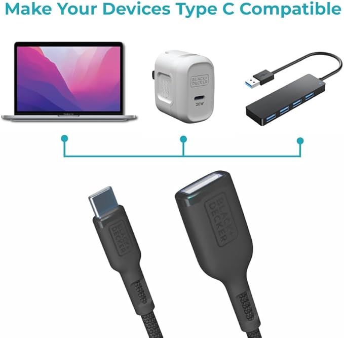 BLACK+DECKER USB C to USB A Adapter, USB C Male to USB Female Adapter Nylon Braid, Type C OTG Cable Compatible w/iPhone 16 15 Pro, MacBook Pro 2022/Air/Mini, iPad—2 Pack, 3" (Black)