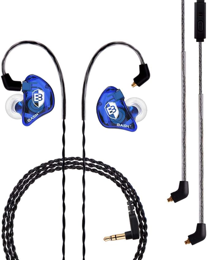 BASN in Ear Monitor Headphones for Musicians Audiophiles Drummers, Bsinger Pro Noise Isolating Earbuds with Dual Driver Dynamic Crystal Clear Sound (Pro Clear Blue)