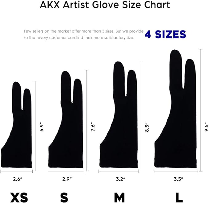 AKX Artist Glove, Palm Rejection Drawing Glove for Graphic Tablet, iPad - Smudge Guard, 2-Finger, Good for Left and Right Hand (Black, Xsmall, 2 Pack)