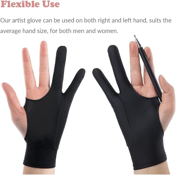 Drawing Glove, 3-Layer Palm Rejection Digital Art Glove for Graphic Tablet, Artist Gloves with Two Fingers for iPad, Paper Sketching, Smudge Guard (2 PCS, Extra small)