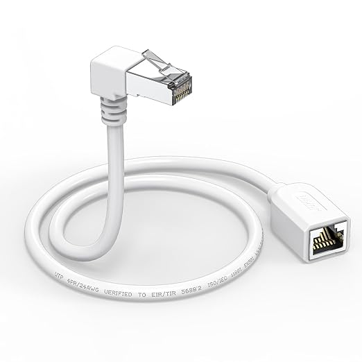 Right Angle Ethernet Extension Cable Down Angle1.5ft-White, 90 Degree CAT6 Ethernet Patch Cable RJ45 LAN Cable Extender Male to Female Connector for Router Modem Smart TV PC Computer Laptop