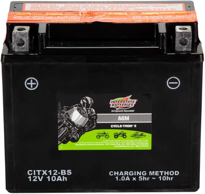 Interstate Batteries YTX12-BS 12V 10Ah Powersports Battery 175CCA AGM Rechargeable Replacement for Honda, Kawasaki, Suzuki Motorcycles, Scooters, Bikes, ATVs, UTVs (CITX12-BS)