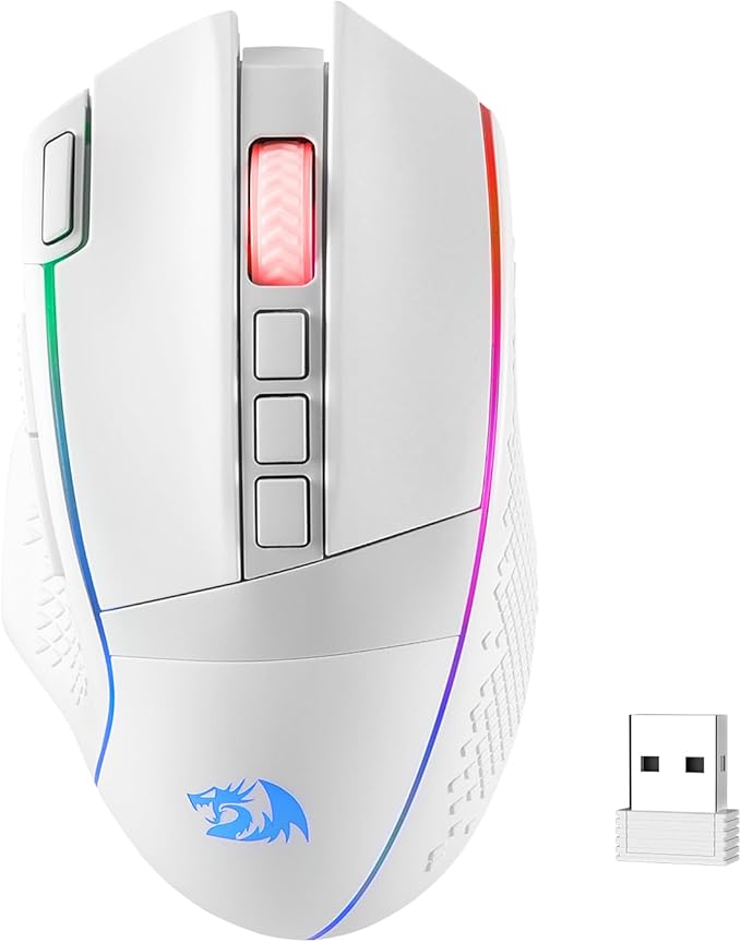 Redragon M991 Wireless Gaming Mouse, 26000 DPI 3-Mode Gamer Mice w/Rapid Fire Key, 9 Macro Buttons, Powerful Capacity and RGB Backlight for PC/Mac/Laptop, White
