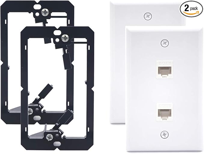 VCE 2-Port Ethernet Wall Plate (UL-Listed), CAT6 Wall Plate and Jack, RJ45 Keystone Wall Outlet with Single Gang Low Voltage Mounting Bracket, White 2-Pack