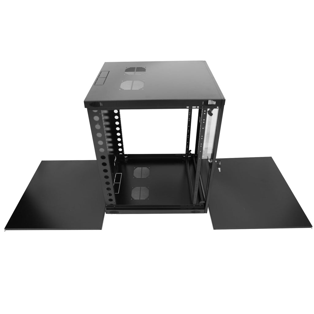 GlobalRack 9U Wall Mount Cabinet, Glass Door, Locking Casters, 2 Fans