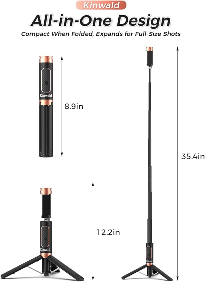 Selfie Stick Tripod for iPhone & Android, Portable Phone Tripod Stand with Bluetooth Remote, One-Click Open, Compact & Lightweight, All-in-1 for Vlog/Travel/Photography (Black)