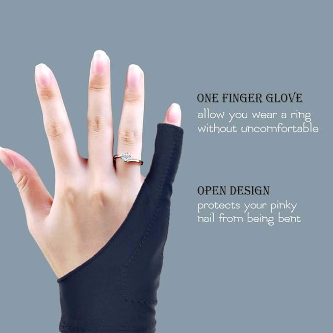 AKX Artist Drawing Glove Large - 2 Pack Palm Rejection for iPad - Smudge Guard, 1 Finger, Fingerless, Good for Left and Right Hand, Black | AK-010