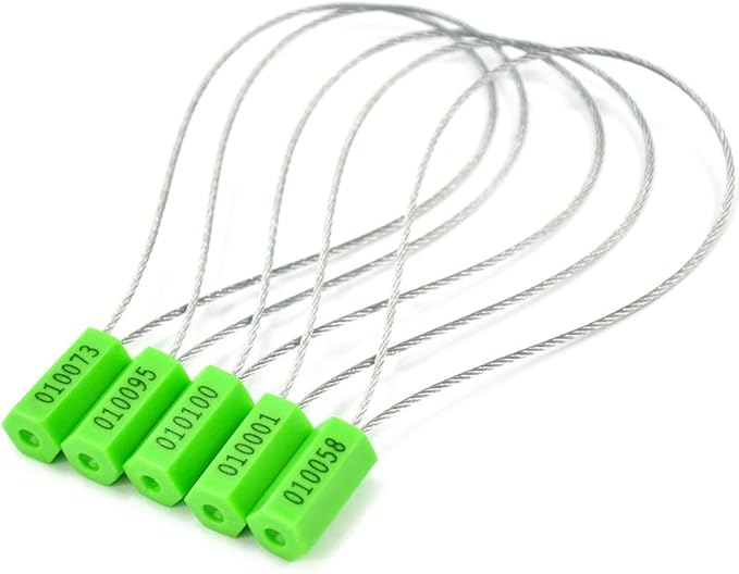 Pull-Tite Steel Security Cable Wire Seals - Numbered Anti-Tamper for Freight Containers, Truck Trailers - Metal Tags-Ties (Green, Pack of 50pcs)