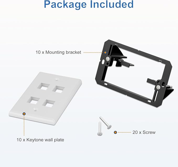 FGB 4-Port Keystone Wall Plate, with Low Voltage Mounting Bracket, with Single Gang Decorator Wall for RJ45, HDMI, and Coax Keystone Inserts, White, 10-Pack