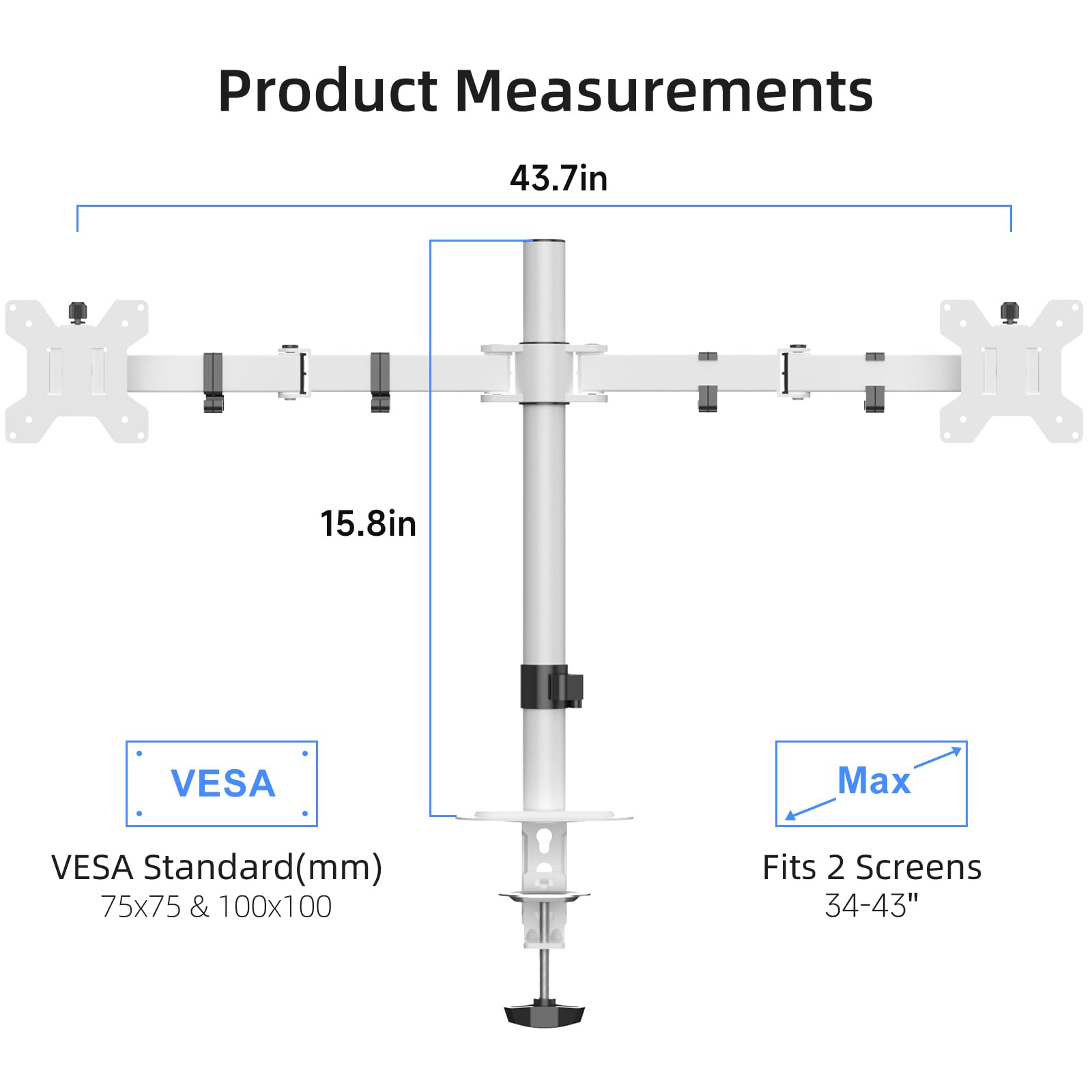 Suptek Dual Monitor Desk Mount, Adjustable Dual Monitor Arm for 2 Monitor Screens up to 43 inch, 15.75" Pole Monitor Stand for Desk, Holds up to 22 lbs,White(MD9442LW)