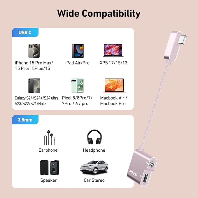 BENFEI USB C to Audio Jack Adapter with 60W Fast Charging, USB-C to 3.5mm Female Headphone Compatible with iPhone 16/15 Pro Max/Pro, Samsung Galaxy S24/S23/S22/S21 Ultra, iPad Pro, Pixel 8 Pink