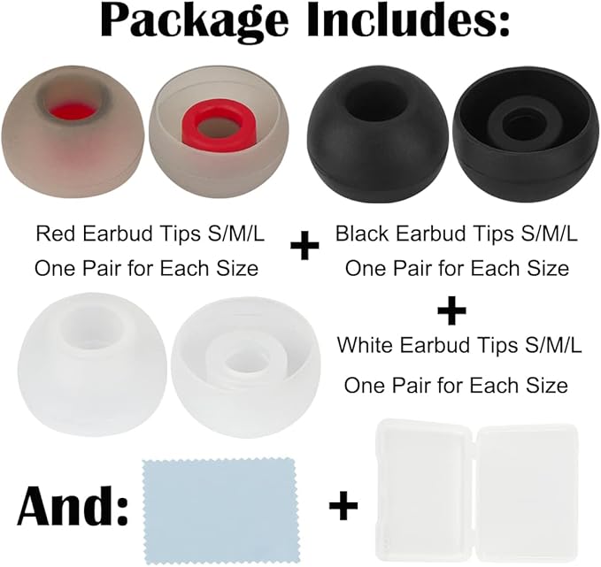 Earbud Tips Replacement - Silicone Compatible with Powerbeats 2/3 & LG Samsung Earbuds - Black, White, Red - 9 Pairs