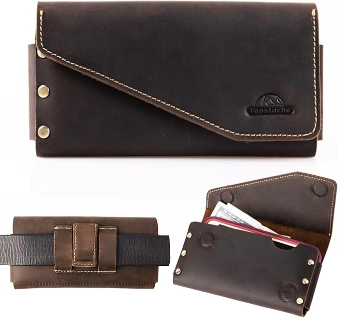 Topstache Leather Phone Holster with Belt Clip for Galaxy S23,iPhone 14,14 Pro,Leather Belt Pouch for Universal Smartphone with Otterbox Case,Flip Cellphone Pouch,L,Darkbrown