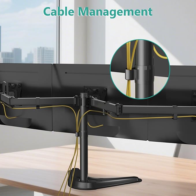 WALI Free Standing Triple Monitor Mount, Heavy Duty Triple Monitors Stand for 13-27 inch Screens, Adjustable 3 Monitor Arm Desk Mount with Swivel, Tilt, Rotation, Grommet Base (MF003N), Black