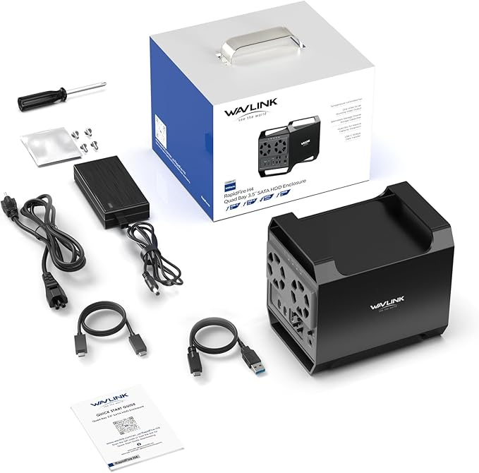 WAVLINK 4-Bay Hard Drive Enclosure for 3.5" and 2.5'' SATA HDD/SSD Featuring 10Gbps USB-C 3.2, Max 88TB Capacity, Built-in Temp-Controlled Cooling Fans, 4K HDMI Stunning Video Output, Aluminum Shell