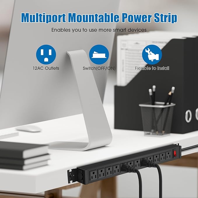 2Pack Rotating Mountable Power Strip, 12 Outlet Wall Mount Surge Protector, Metal Heavy Duty and Versatile Outlet Strip, Stylish Appearance, Sturdy and Durable, 6ft Power Cord.(Black)