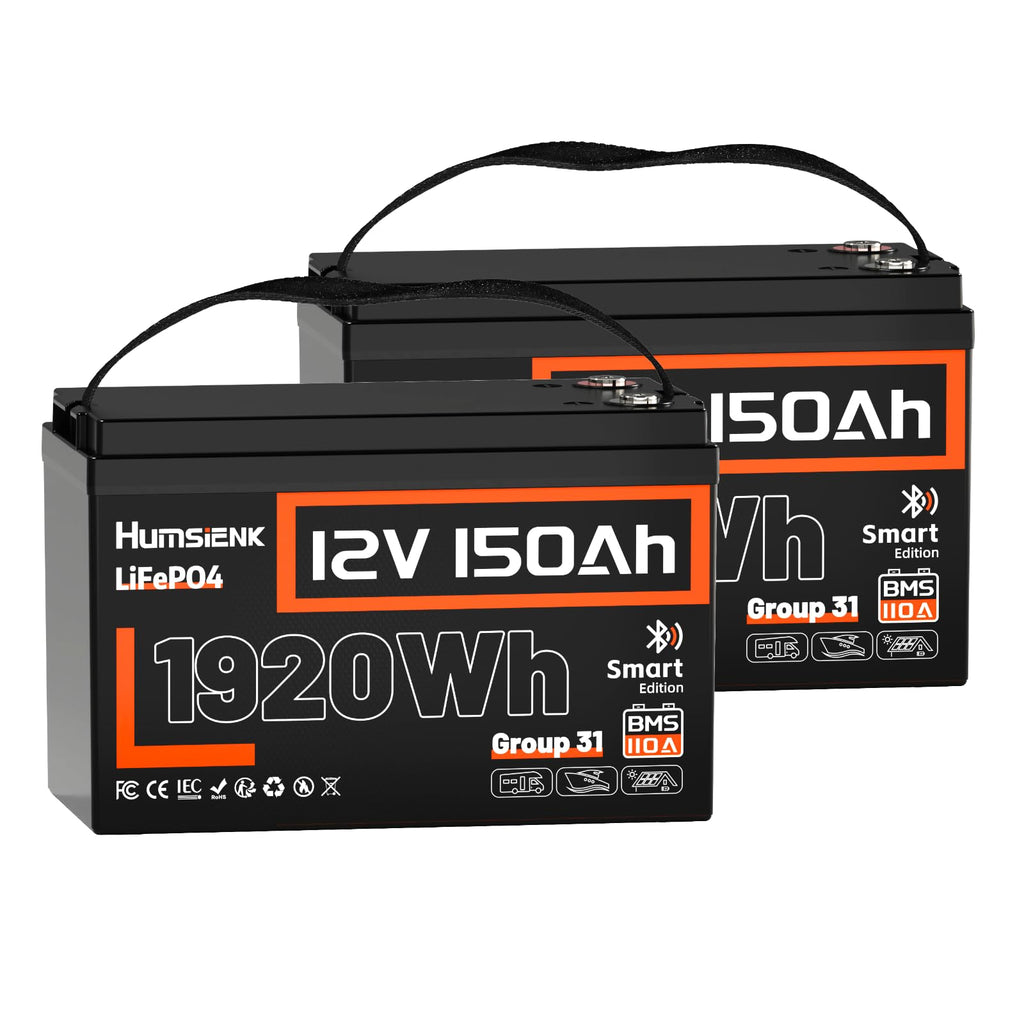 12V 150Ah LiFePO4 Lithium Battery BCI Group31 Bluetooth 2Pack,Built-in 110A BMS, Deep Cycle Battery for Solar, RV, Marine, Off-Grid Applications - 15000+ Life Cycles, Safe & Lightweight