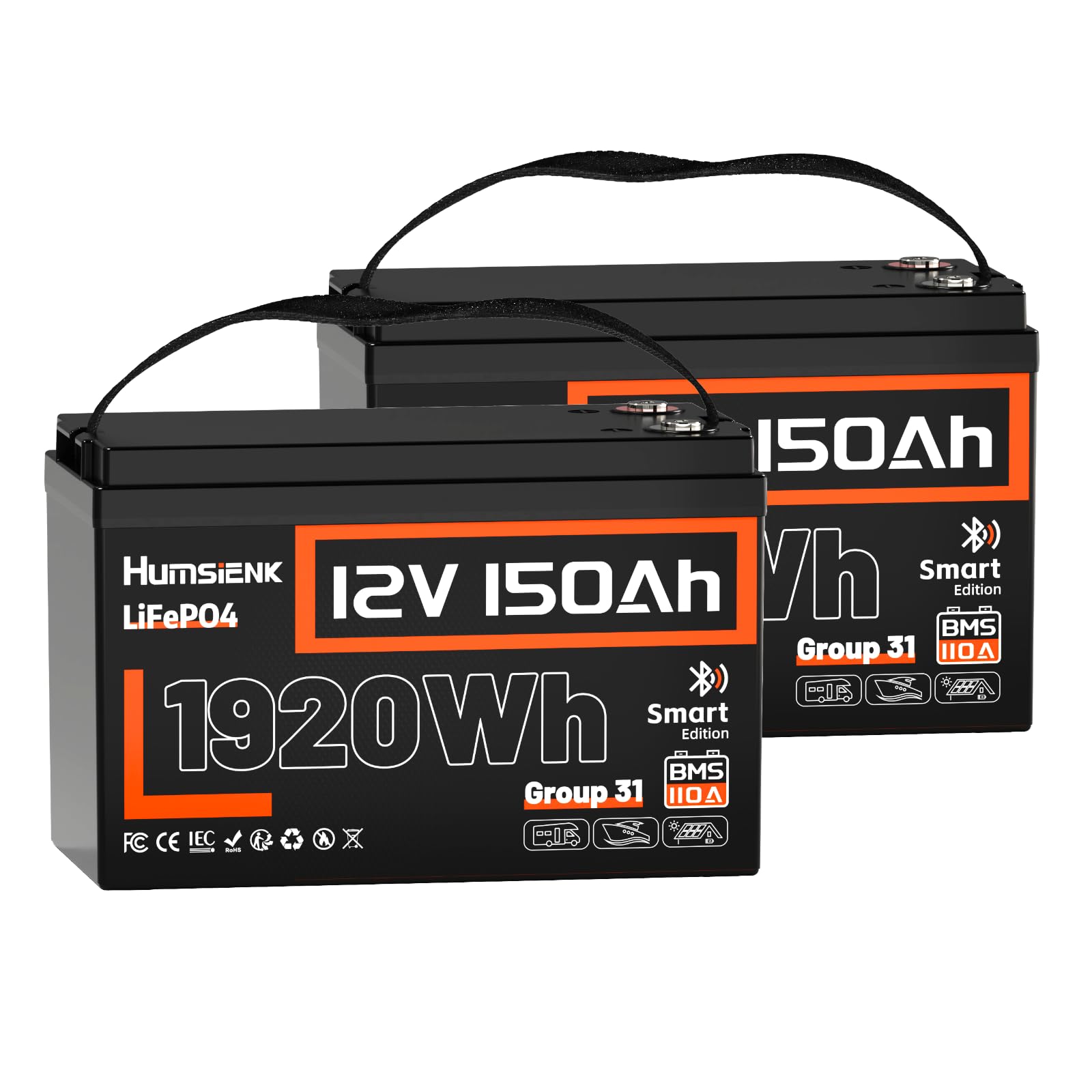 12V 150Ah LiFePO4 Lithium Battery BCI Group31 Bluetooth 2Pack,Built-in 110A BMS, Deep Cycle Battery for Solar, RV, Marine, Off-Grid Applications - 15000+ Life Cycles, Safe & Lightweight
