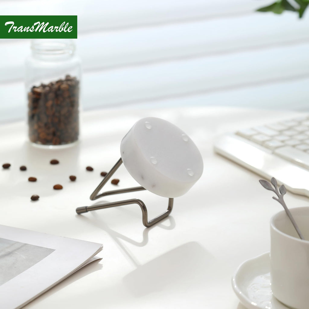 TransMarble Marble Phone Stand with Metal Holder, Charging Available While Using, Swipe Up to Unlock, Made of Natural Marble as Business Card Holder for Office Desk (Starry White + Black)