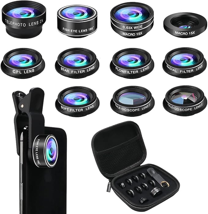 Phone Camera Lens Kit, 11 in 1 Cellphone Lens Kit for iPhone and Android, 0.63X Wide Angle+15X Macro+ 198°Fisheye+Telephoto+CPL/Flow/Radial/Star/Soft Filter+Kaleidoscope Lens