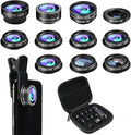 Phone Camera Lens Kit, 11 in 1 Cellphone Lens Kit for iPhone and Android, 0.63X Wide Angle+15X Macro+ 198°Fisheye+Telephoto+CPL/Flow/Radial/Star/Soft Filter+Kaleidoscope Lens