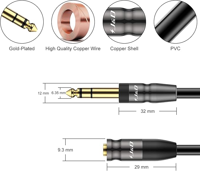 J&D 1/4 inch to 3.5mm Headphone Adapter, Heavy Duty Copper Shell Connecter Joint 3.5mm 1/8 inch Female TRS to 6.35mm Male TRS Stereo Audio Extension Cable, 6 Feet
