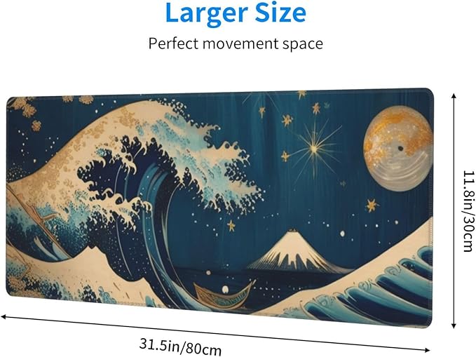 Gaming Mouse Pad, Large Non-Slip Rubber Base Mousepad, Keyboard Mouse Mat, Desk Pad with Stitched Edges, 31.5x11.8inch, Wave Moon