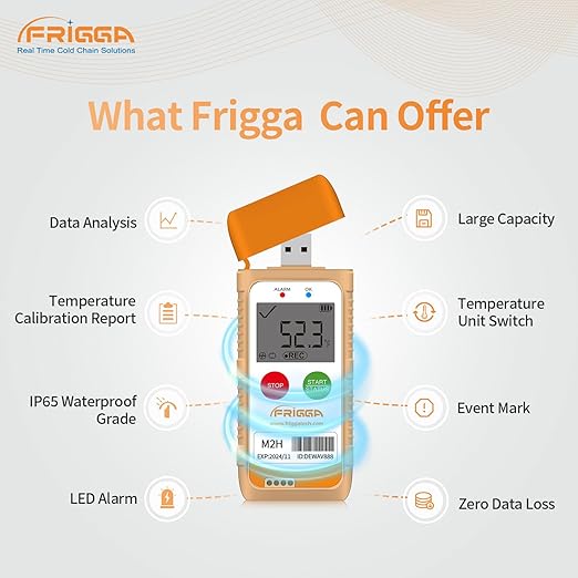 Frigga M2H 10 Pack Reusable Temperature Humidity Data Logger USB Digital Refrigerator Thermometer Multi-Use Temperature Recorder High Accuracy 28800 Points PDF CSV Report