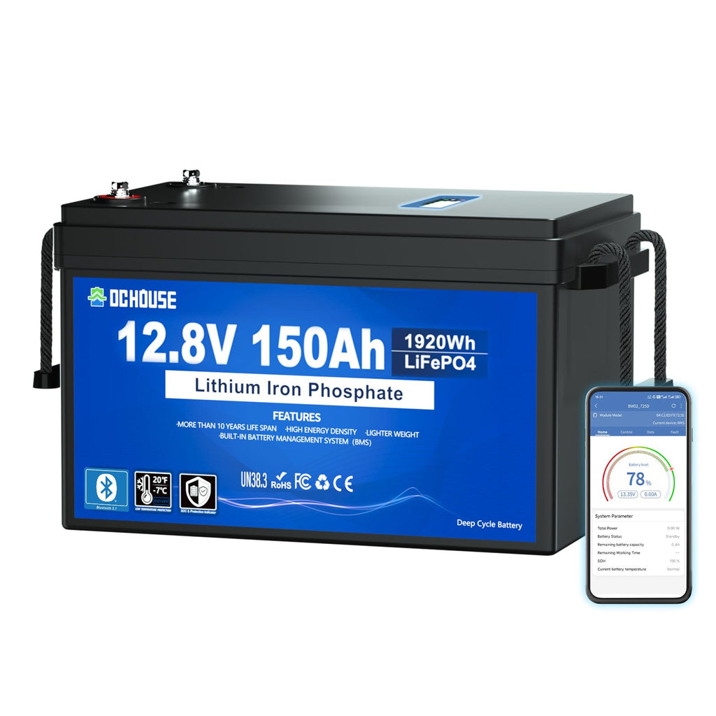 DC HOUSE 12V 150Ah LiFePO4 Lithium Battery with SOC Status Indicators, Bluetooth & Low Temp Cut-off, 12V Lithium Battery up to 15000 Cycles, 120A BMS Perfect for Trolling Motors, Marine, Solar, RV