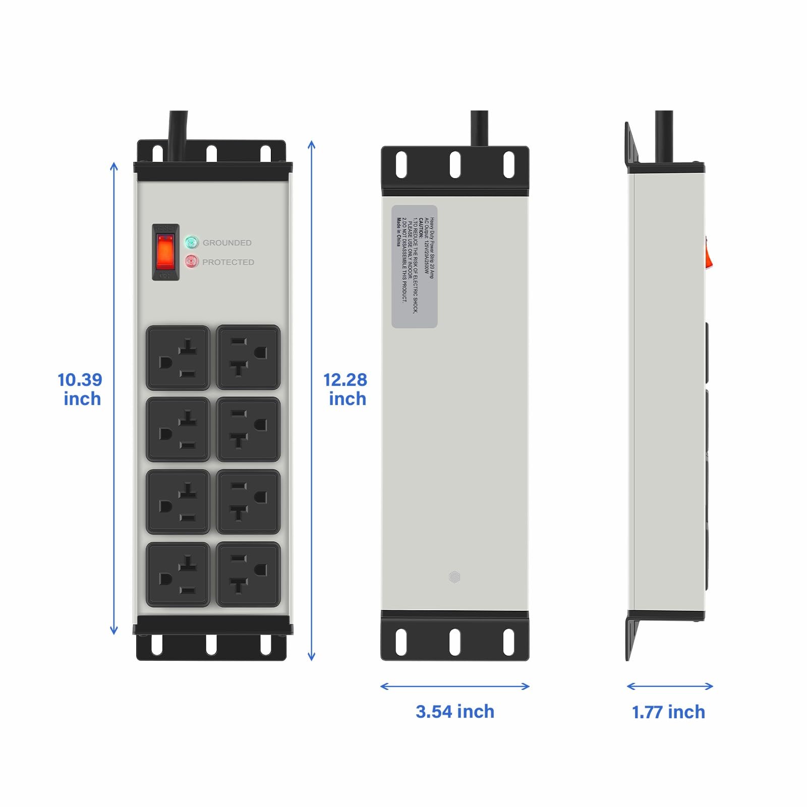 CCCEI 12 Gauge Heavy Duty Power Strip, 8 Ports, Grey, 12FT.