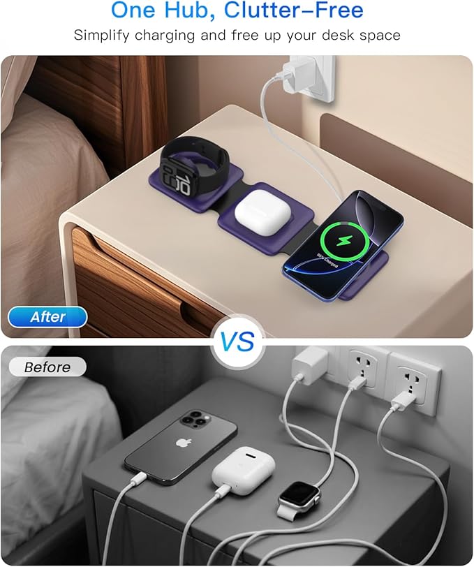 Charging Station for Mag Safe Apple - 3 in 1 Magnetic Foldable Wireless Charger Pad - Travel Charging Mat for iPhone 16 15 14 13 12 Pro Max Plus Watch & Airpods
