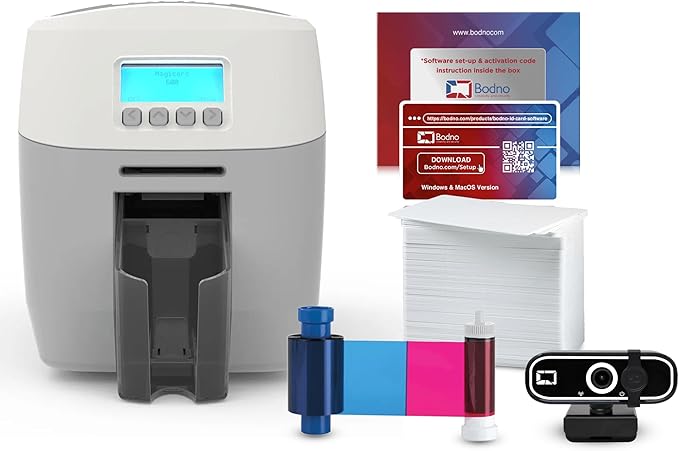 Bodno Magicard 600 Dual Sided ID Card Printer & Complete Supplies Package ID Software - Silver Edition