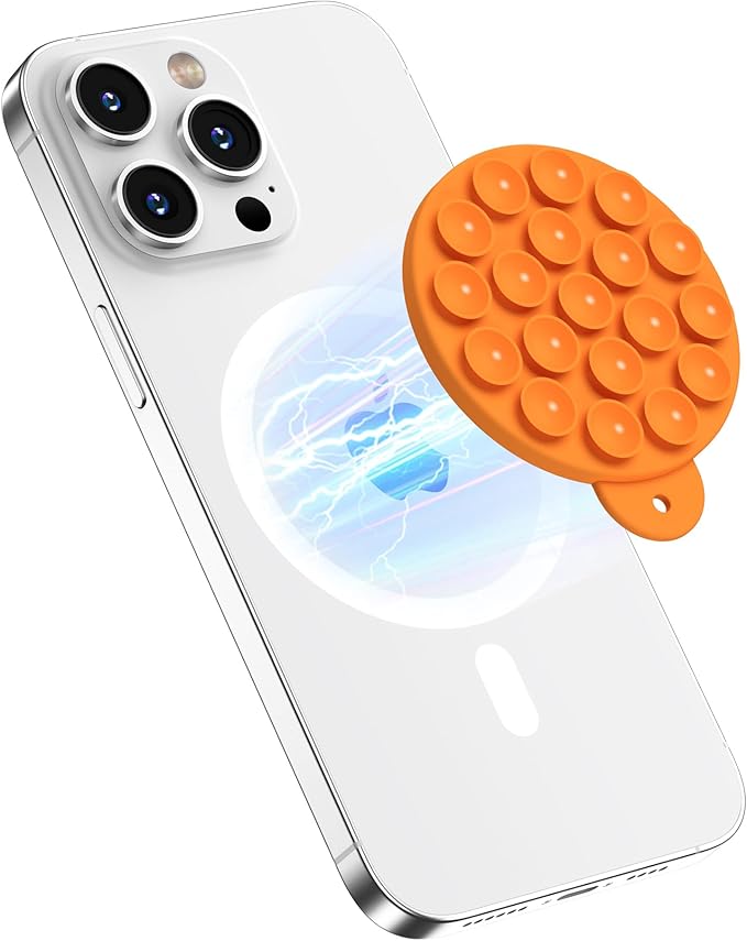 Magnetic Suction Cup Phone Mount for MagSafe Case, Silicone Hands-Free Grip Holder for iPhone and Android, Mirror Shower Phone Stand for Makeup FaceTime Gym Kitchen Bathroom, Orange