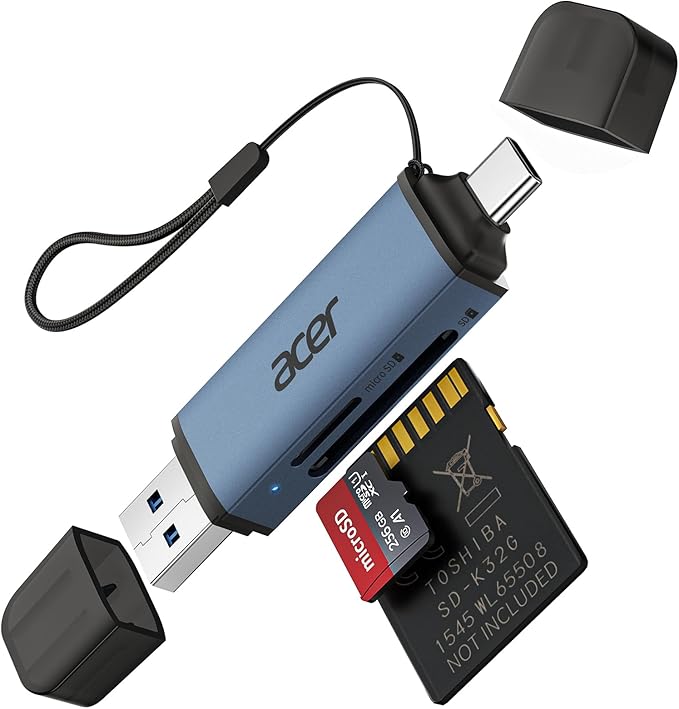 Acer SD Card Reader USB C, Dual Slots USB 3.0 Type C to Micro SD Card Adapter, Memory Card Reader for MicroSD, SDHC, SDXC, Compatible with Laptop, PC, iPhone16/15, MacBook, iPad Pro, Android-Midnight