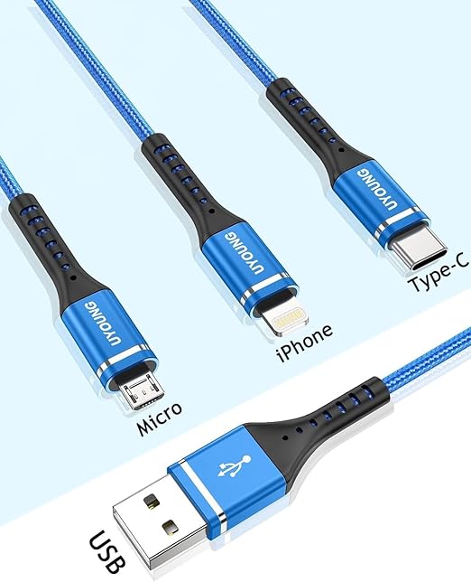 Short Multi Charging Cable 1FT 2Pack 3 in 1 Charger Cord Braided Universal Phone Cords with Lightning/Type C/Micro USB Connectors, Multiple USB Cable for iPhone/Samsung/Google Phones and More